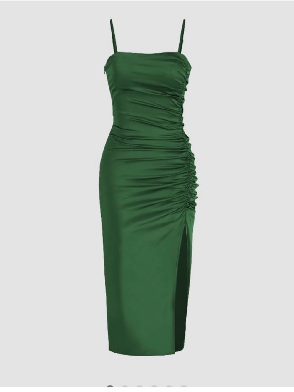 Cider Emerald Green Ruched Satin Midi Dress with Side Slit